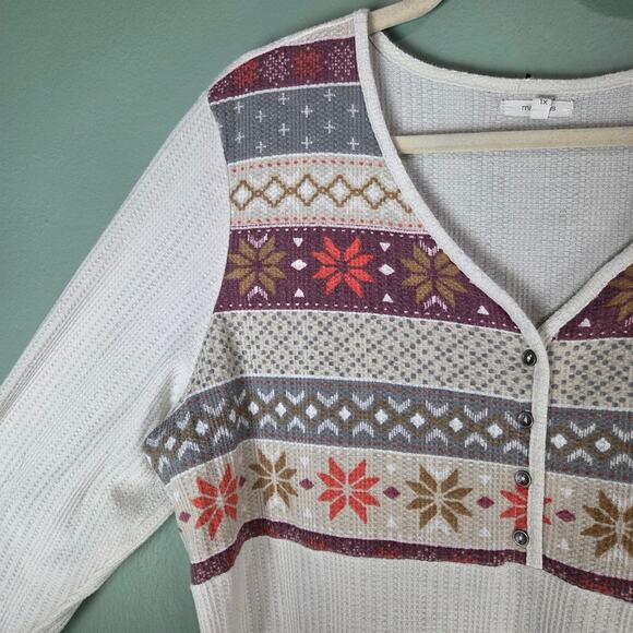 Maurices Womens Heartland Henley Fair Isle Long Sleeve Tee Size 1X Thermal Boho - Picture 4 of 6